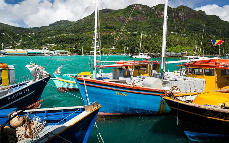 Colorful fishing boats in turquoise waters with green hills in the background in the Old Port, Victoria, Mahé Island, Seychelles.