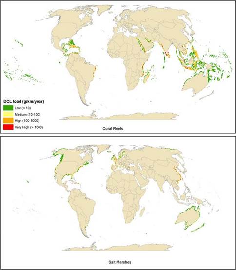 Map of marine ecosystems impacted by sewage pollution.