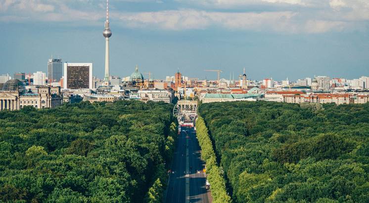 Cityscape of downtown Berlin, Germany, showing the competition between green space and built environment 