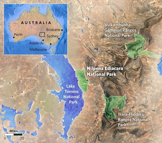 a map shows the new Nilpena Ediacara National Park with the Ikara-Flinders mountain range running through it.