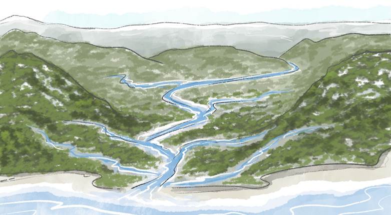 Watercolor illustration of rivers of water running down a green hillside.