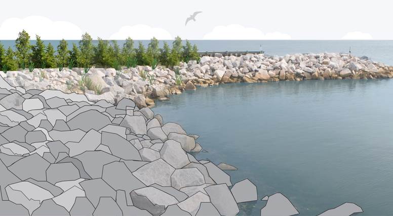 A coastal shore lined with rocks with some illustrative additions.