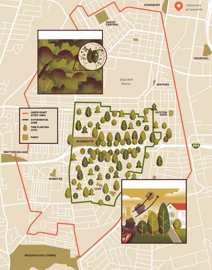 A map shows the Green Heart study area in Louisville, Kentucky.
